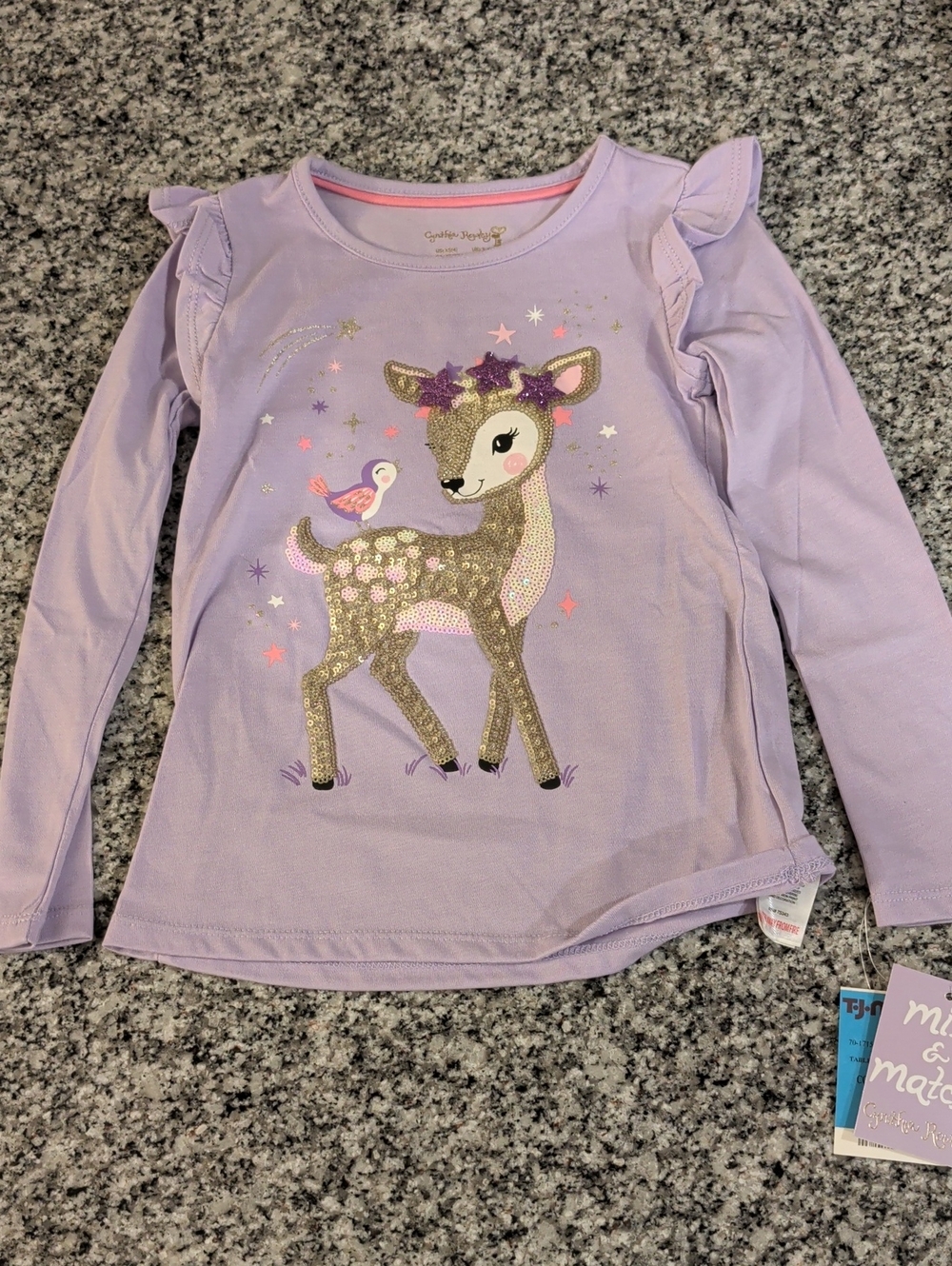Cynthia Rowley Lavender Long Sleeve Deer Graphic Tee with Ruffles